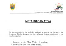 HORARIO DEL SERVICIO DE RECOGIDA DE RESIDUOS URBANOS DE LA MANCOMUNIDAD DURANTE LAS FIESTAS